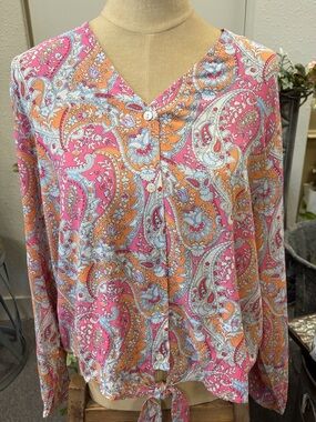 CHARLIE B Pink & Orange Paisley Tie-Hem Button Front Blouse